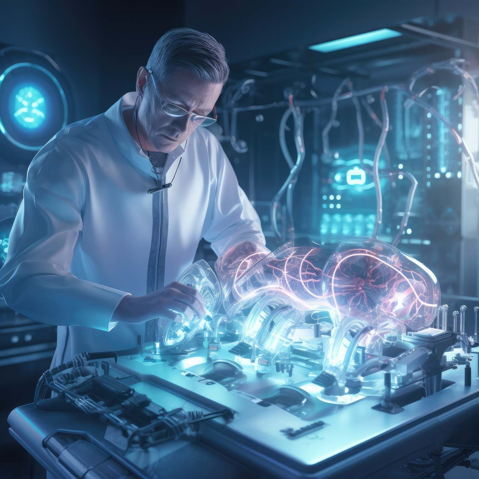 Visualisation d’un chercheur travaillant sur un modèle technique de cerveau