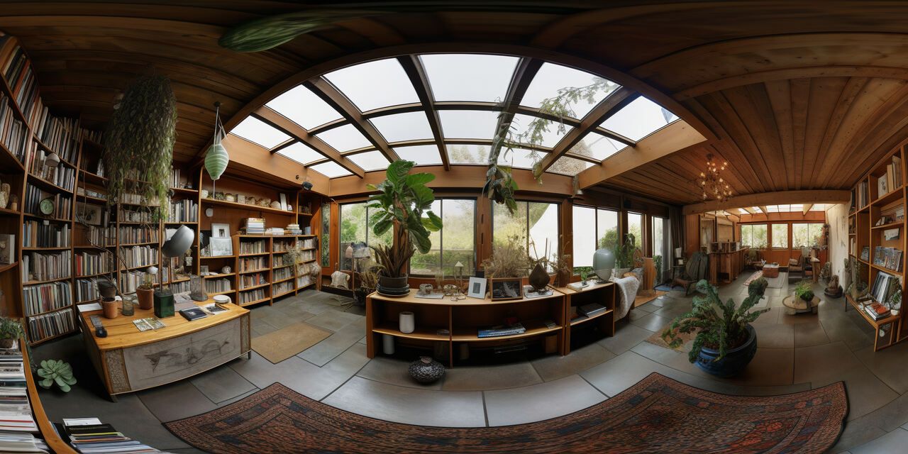 360-degree view of a room furnished with wood and plants